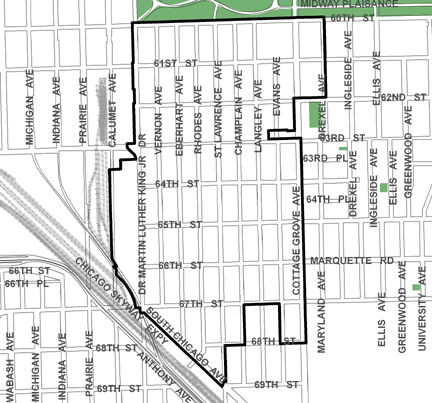 West Woodlawn TIF district, roughly bounded on the north by 60th Street, 69th Street on the south, Cottage Grove Avenue on the east, and Calumet Avenue on the west.